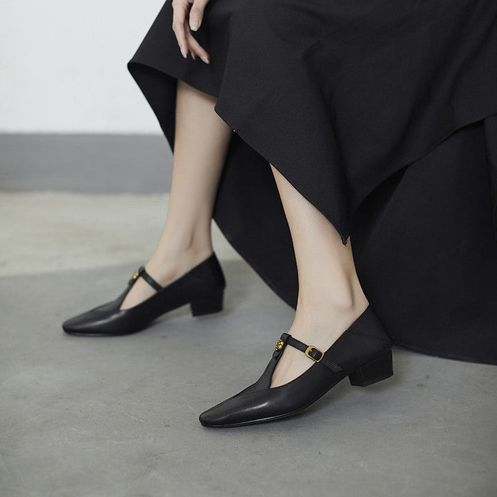 Chestnut Brown Corinne T-strap pumps styled for the office