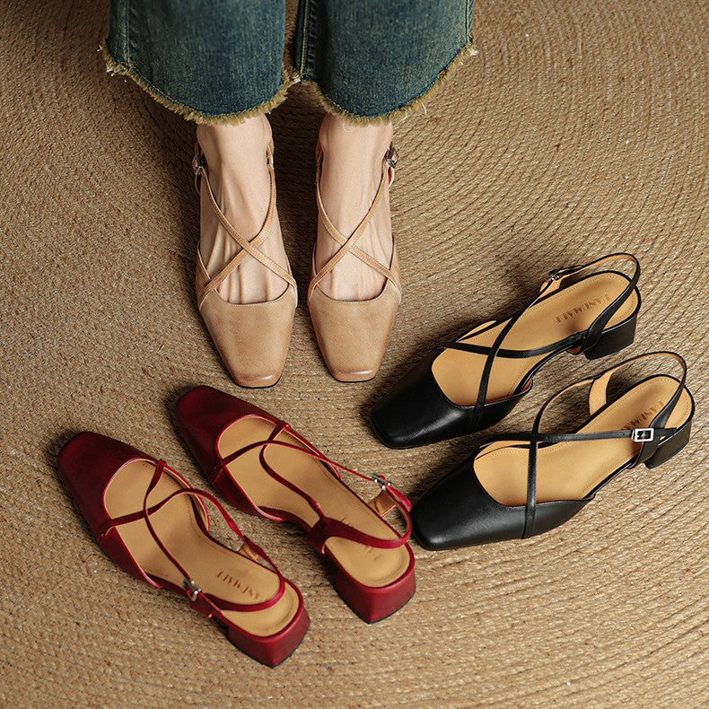 Square-toe leather slingback, angled 1.75-inch block-heel view