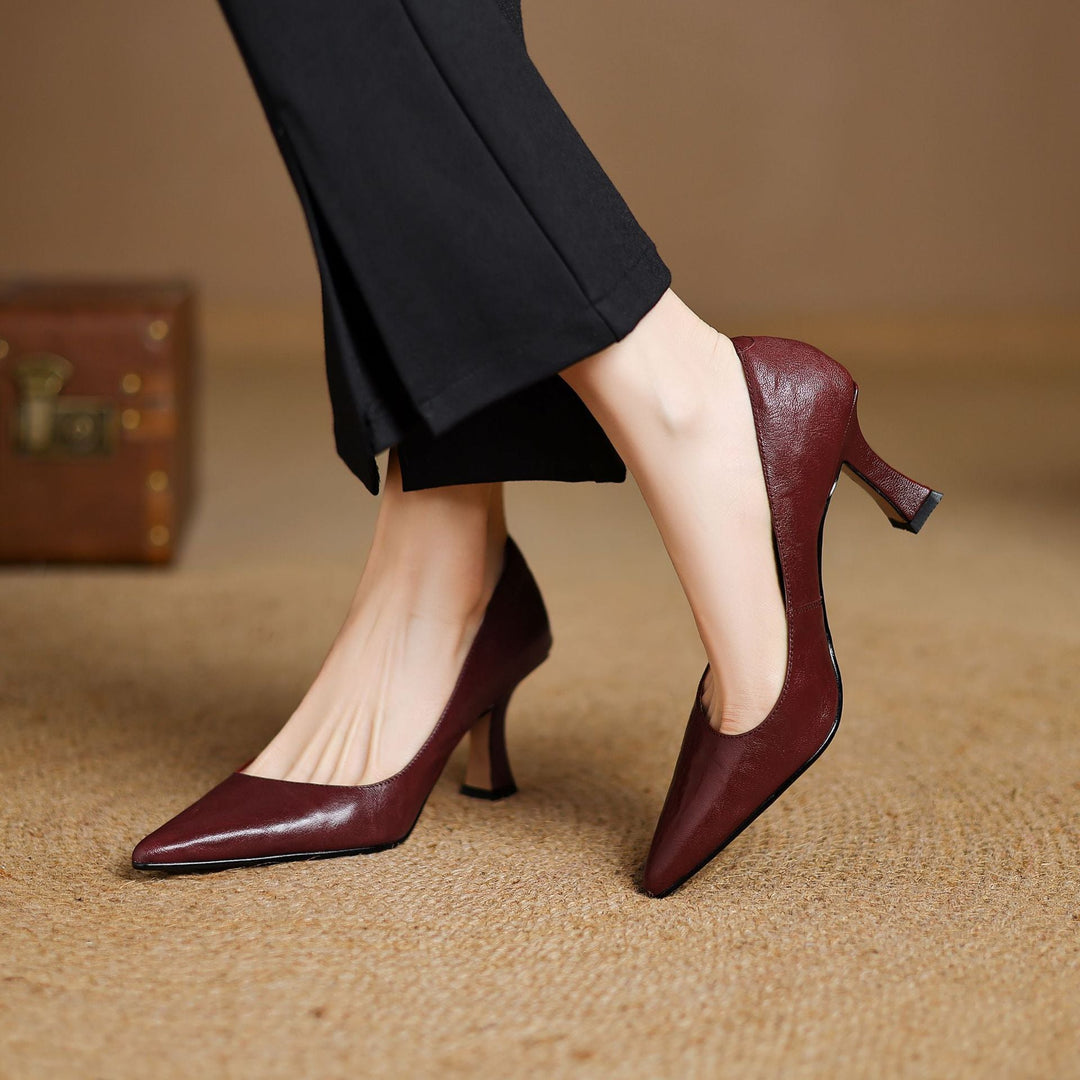 Pointed lambskin leather pumps, top view of Espresso Brown pair