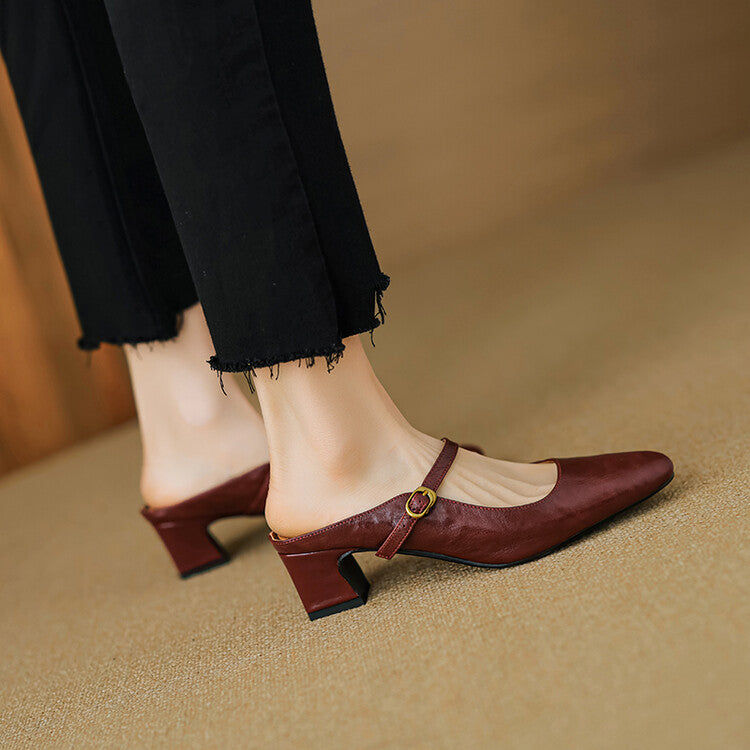 Strap leather mule, back view showing the 1.75-inch heel
