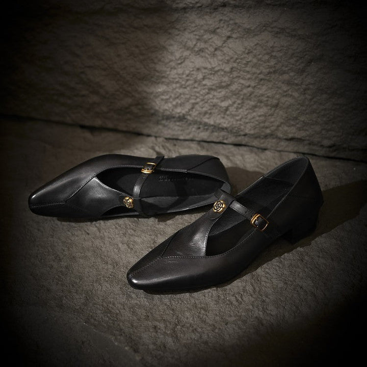 Corinne T-strap leather block pumps, both colors side by side