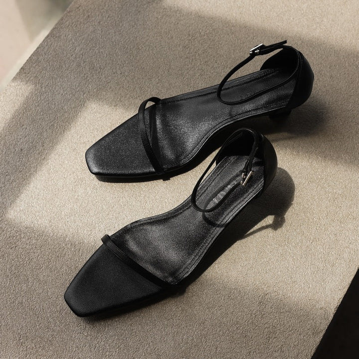 Loraine | Square-Toe Leather Ankle-Strap Sandal Heels