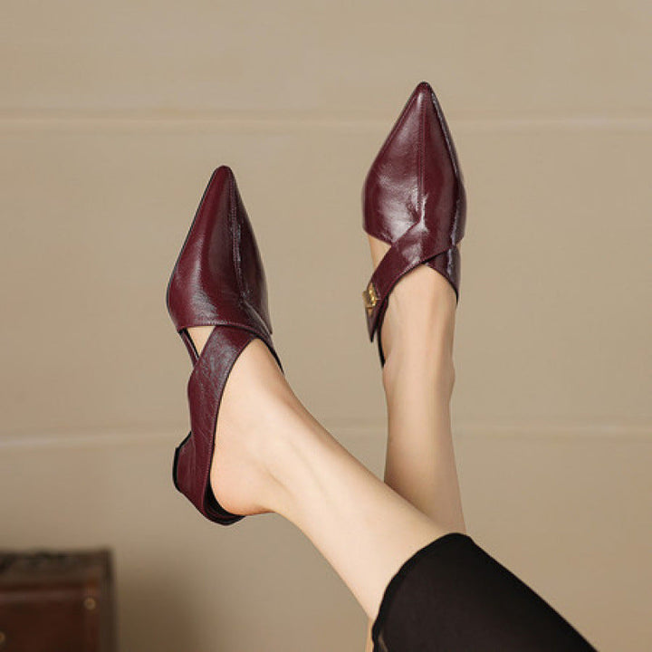 Pointed leather mule, back view showing the 2-inch heel