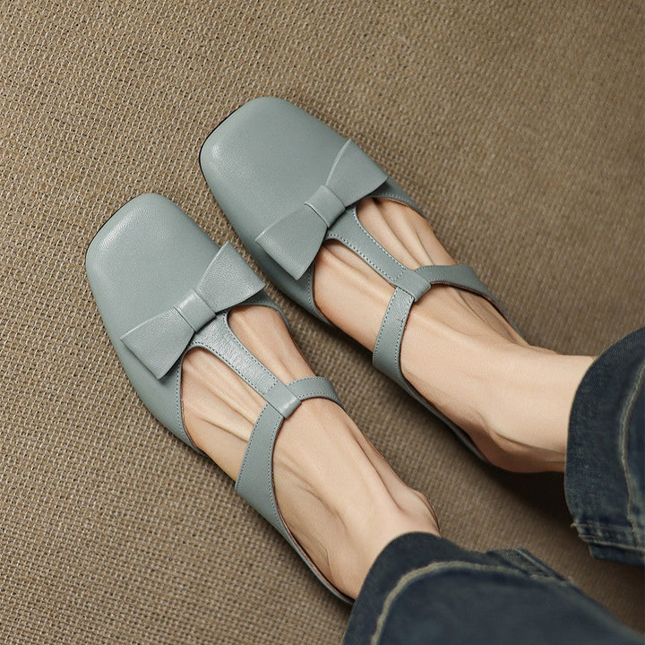 Penelope mules, front view in Mist Sage