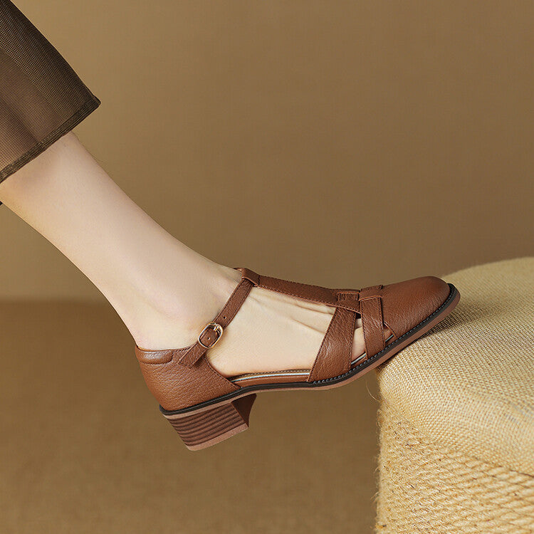Ivory Sand leather T-bar heel, side view of block heel