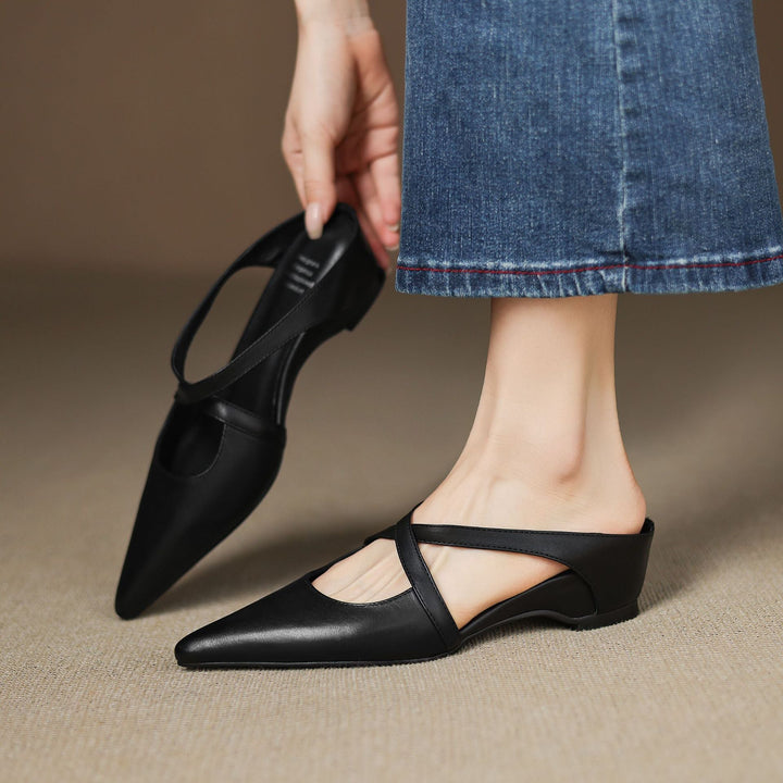 Crimson Red Ingrid mules styled for evening