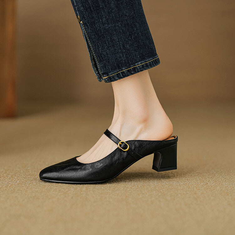 Felicity | Strap Leather Heeled Mules