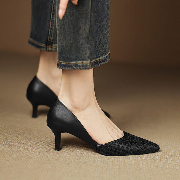 Amber Tan Rosanne heels photographed from above