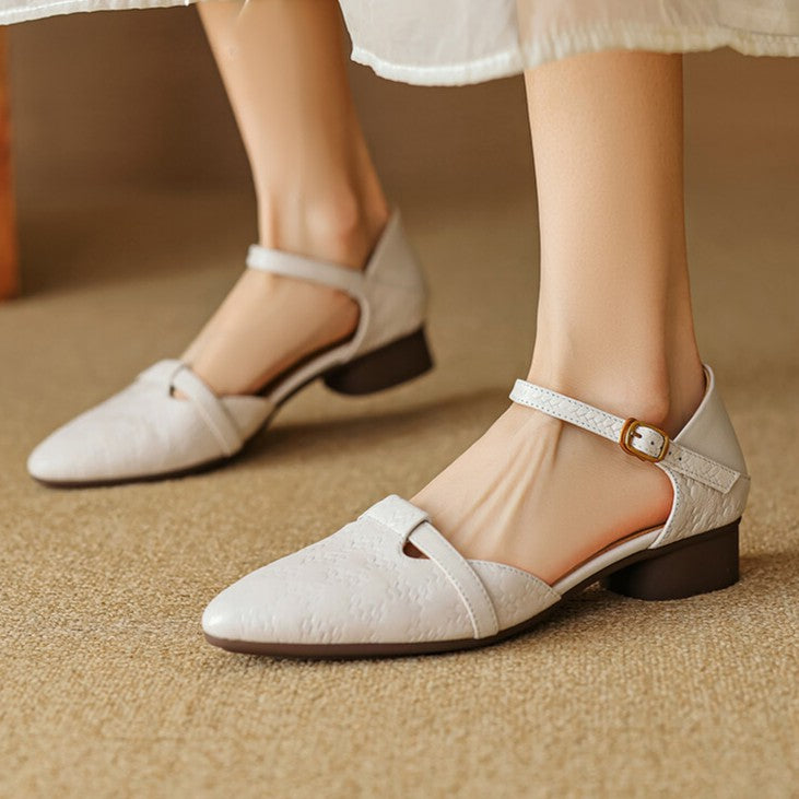 Close-up of low heel on Cynthia leather Mary-Janes