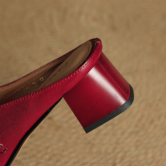 Women's square-toe leather block mules, front view