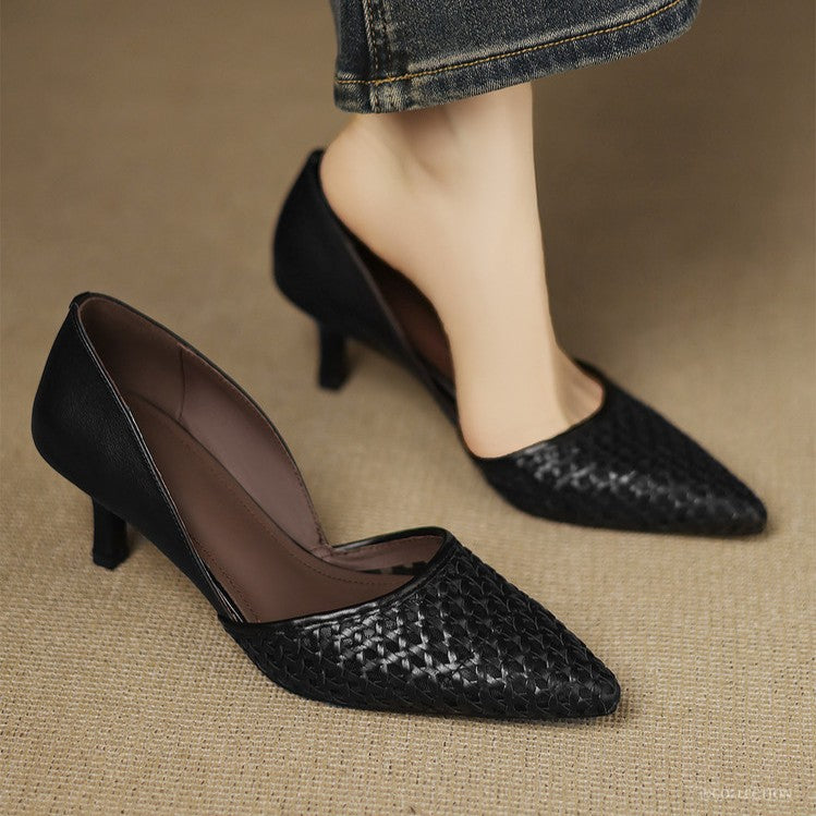 Close-up of slender heel on Rosanne woven leather heels