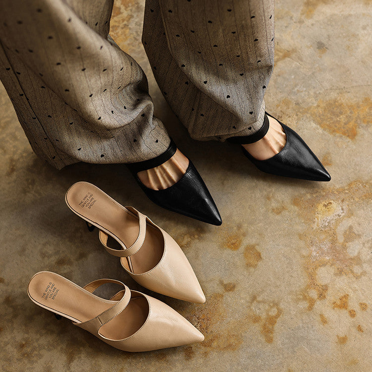Pointed leather heeled mules, top view of Onyx Black pair