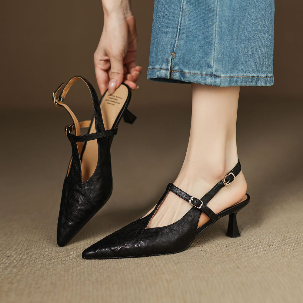 Noir Black lambskin T-bar slingback heel, three-quarter view