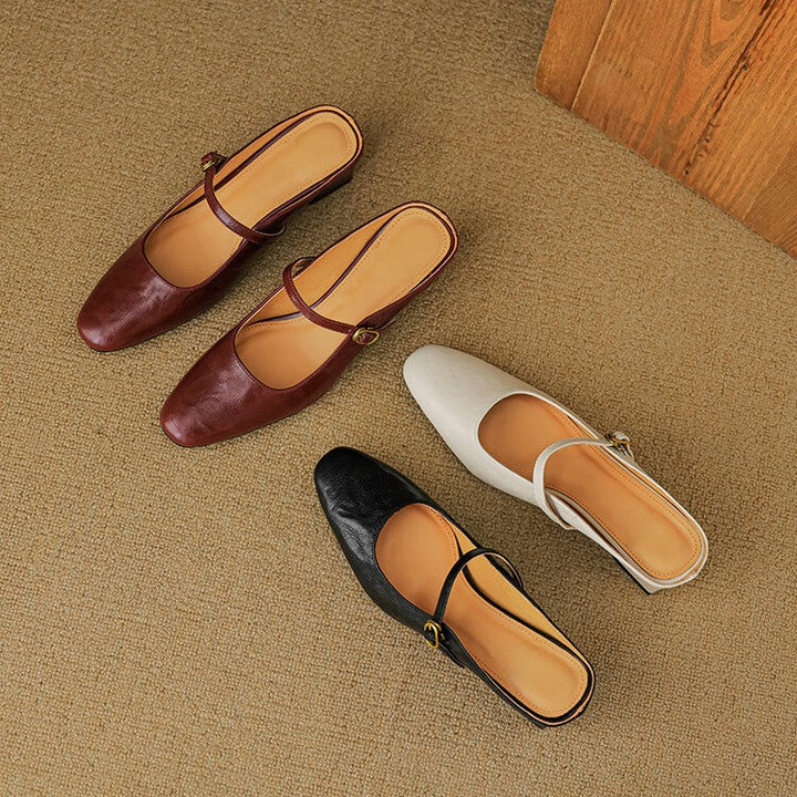 Women's strap leather heeled mules, front view