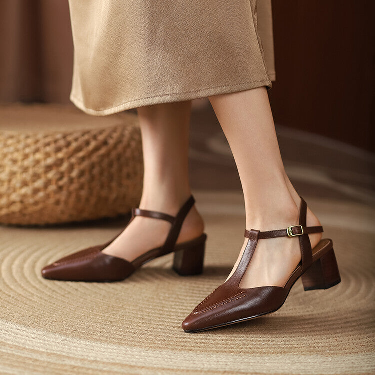 Ivory Sand leather T-strap heel, side view of 2-inch block heel