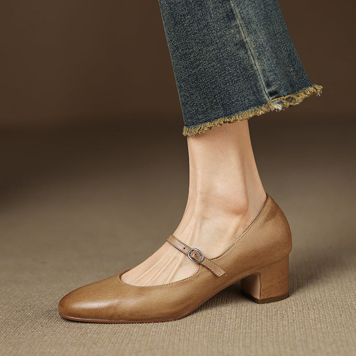 Theodora strap leather block heel, three-quarter view