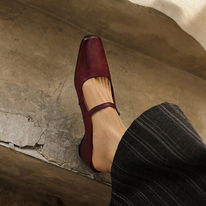 Women's square-toe leather heeled mules, front view