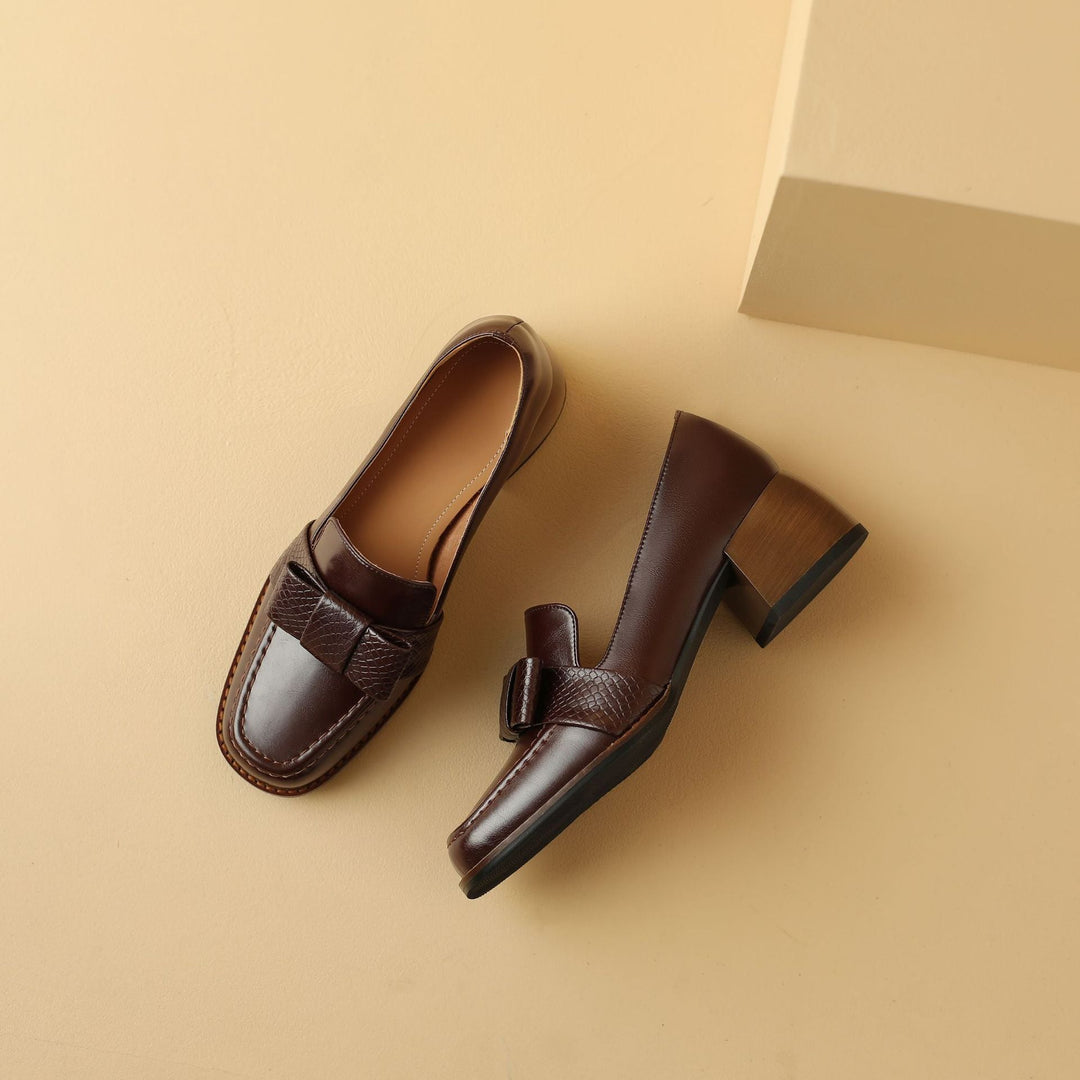 Women's square-toe bow leather loafer pumps, front view