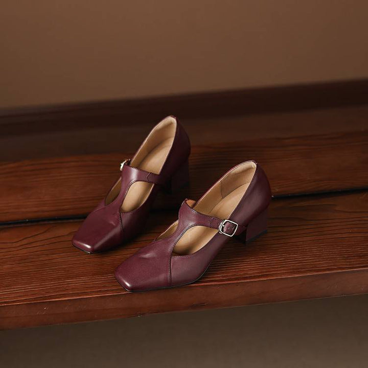 Square-toe leather T-bar heels, top view of Bordeaux Wine pair