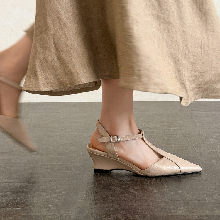 Phoebe | Pointed Leather T-Bar Wedge Heels