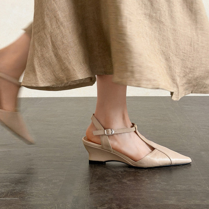 Phoebe | Pointed Leather T-Bar Wedge Heels