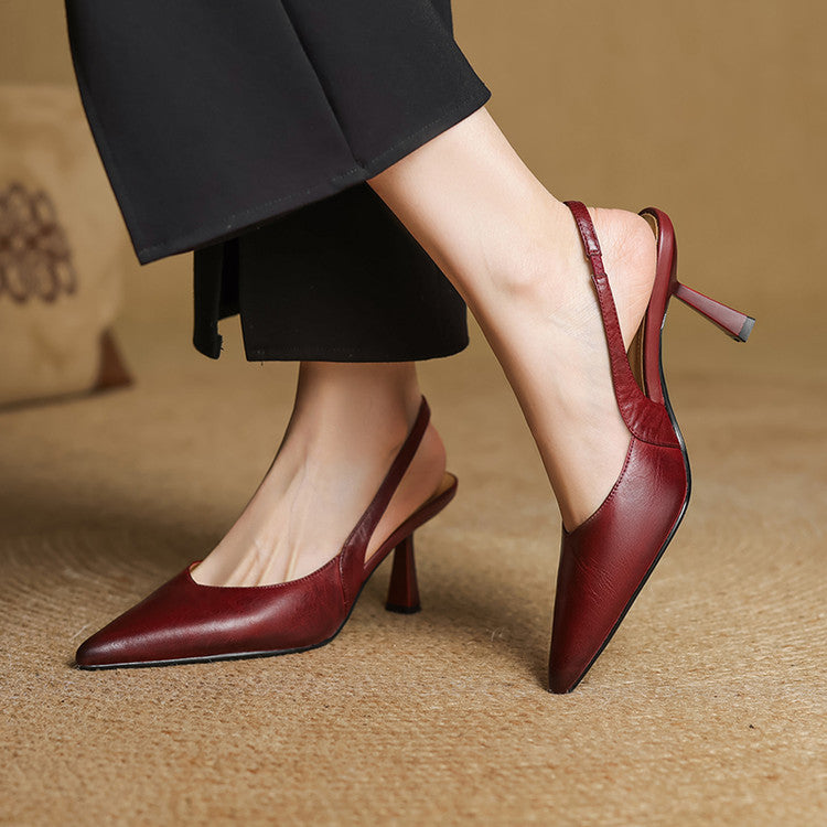 Bordeaux Rouge leather slingback heel with pointed toe, three-quarter view