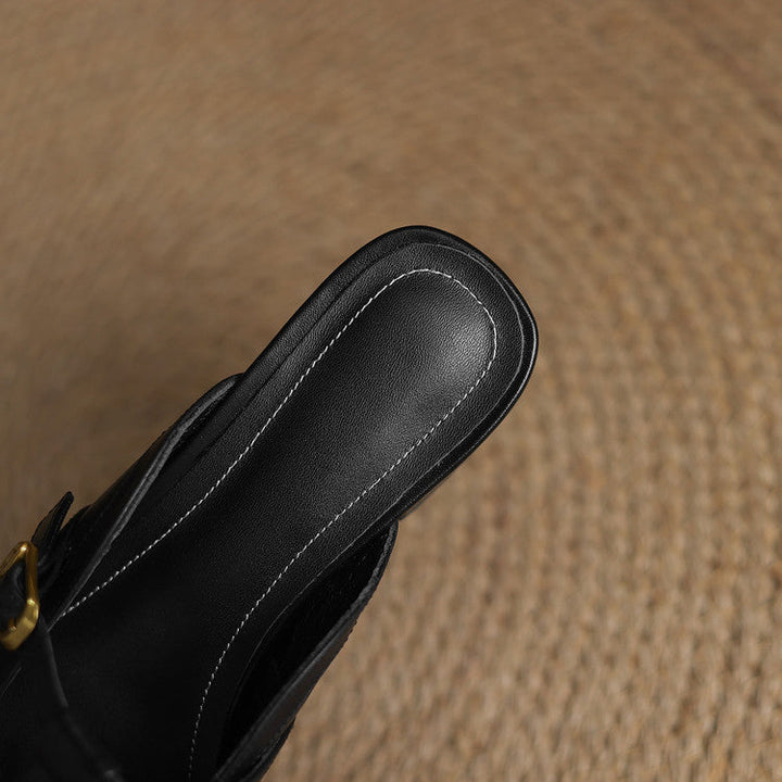 Edith | Square-Toe T-Strap Leather Mules