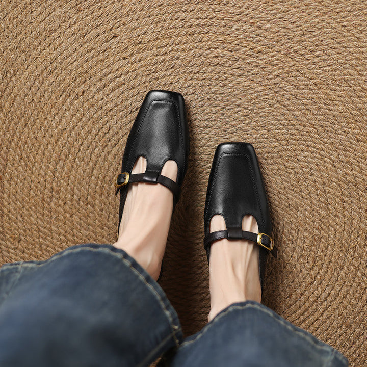 Edith | Square-Toe T-Strap Leather Mules