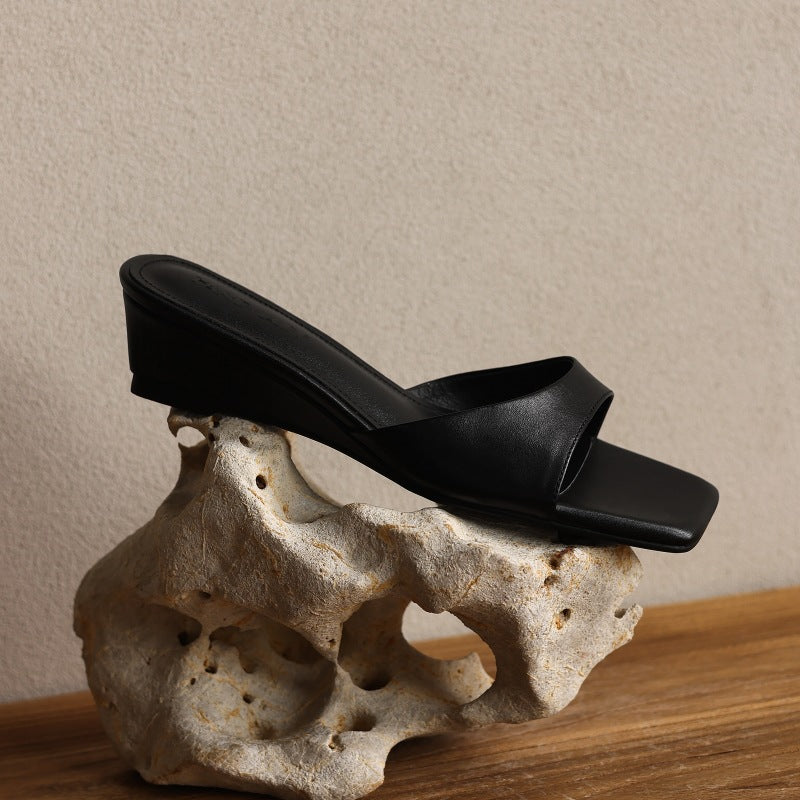 Bernadette | Square-Toe Leather Wedge Mules