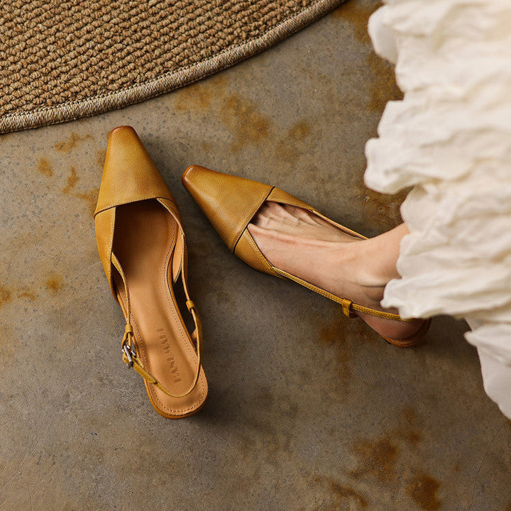Close-up of washed lambskin leather on a slingback pump