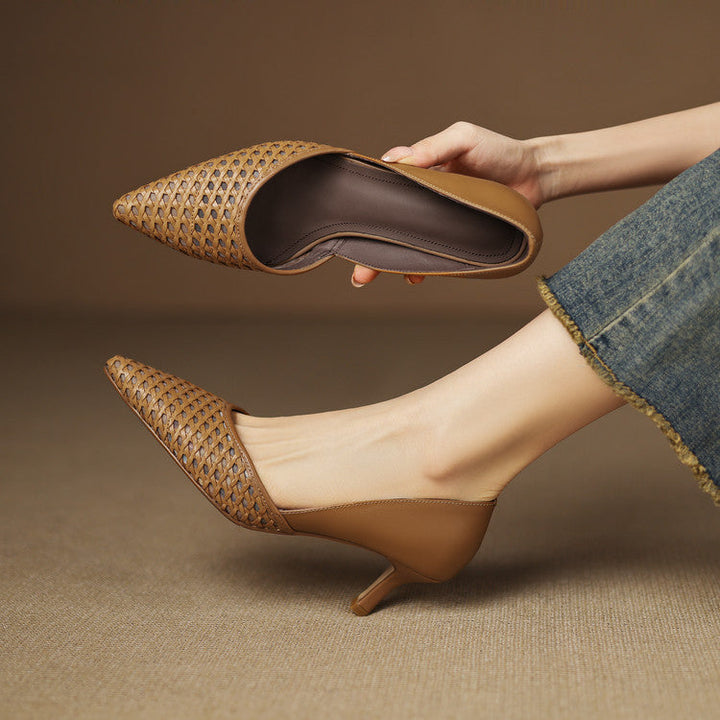 Amber Tan woven calfskin heel with pointed toe, three-quarter view