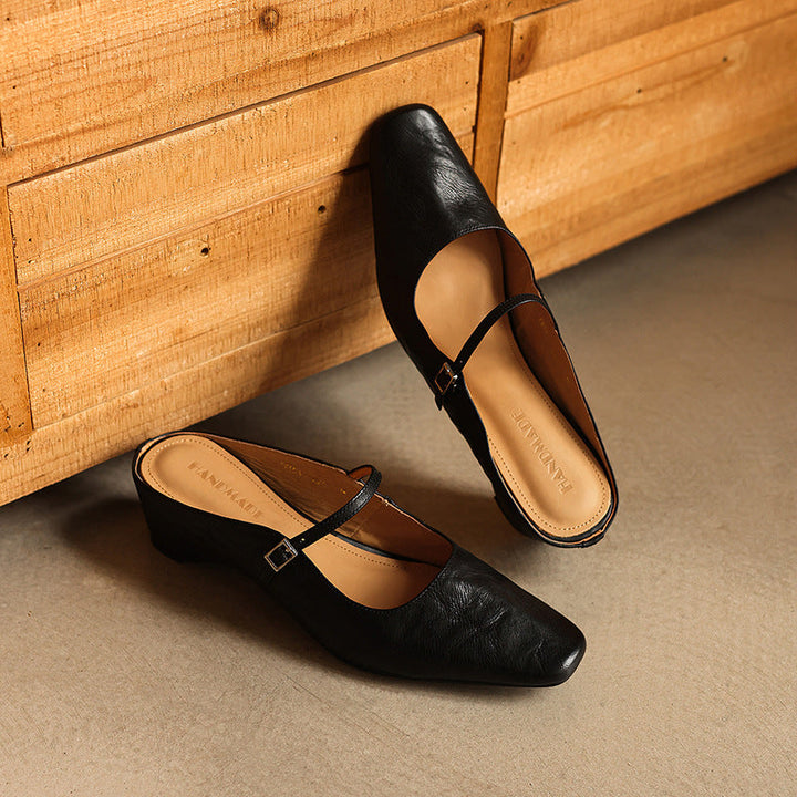 Camille | Square-Toe Leather Heeled Mules