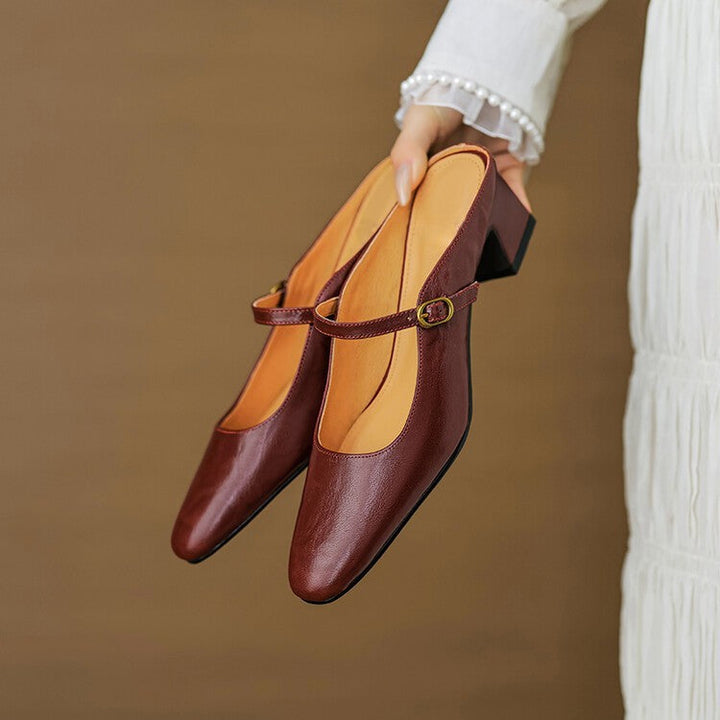 Close-up of supple lambskin leather and strap on a heeled mule