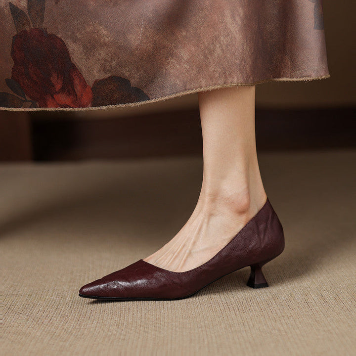 Close-up of supple lambskin leather on a pointed low pump