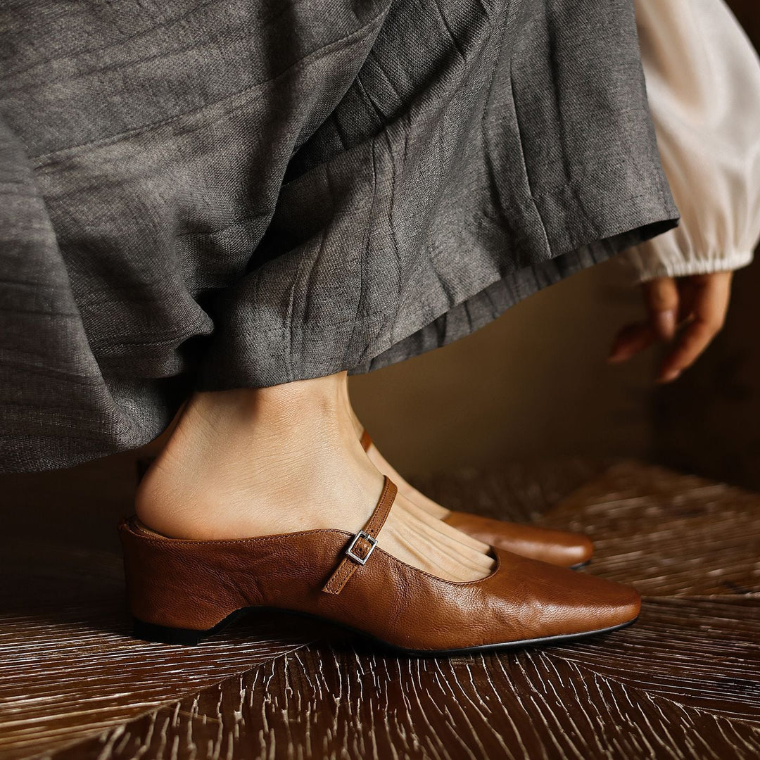 Camille square-toe leather heeled mule, three-quarter view