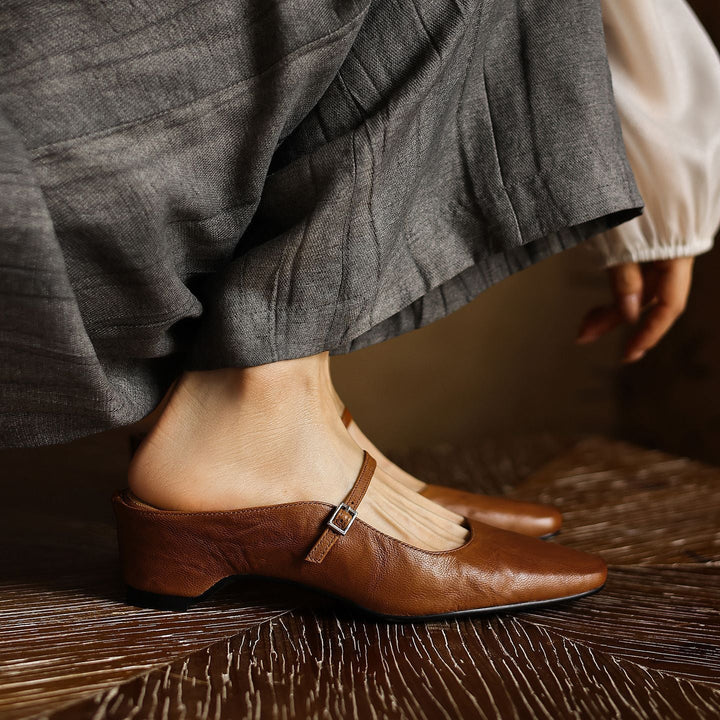 Camille square-toe leather heeled mule, three-quarter view