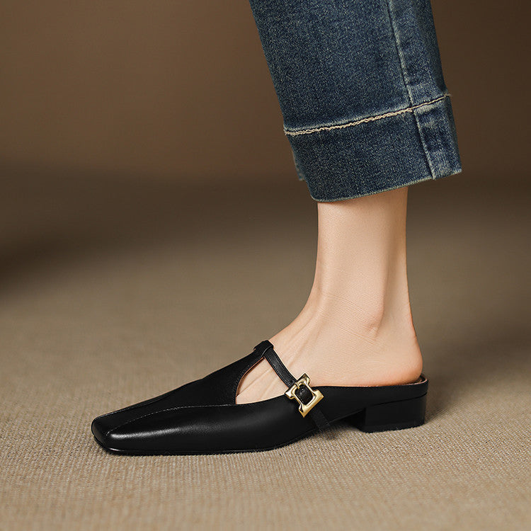 Lydia | Square-Toe Leather Heeled Mules