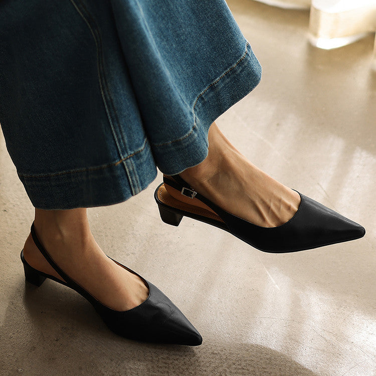 Women's pointed leather slingback heels, front view