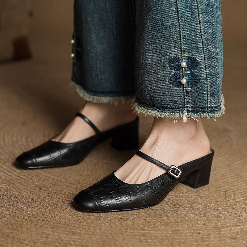 Cecilia | Strap Leather Heeled Mules