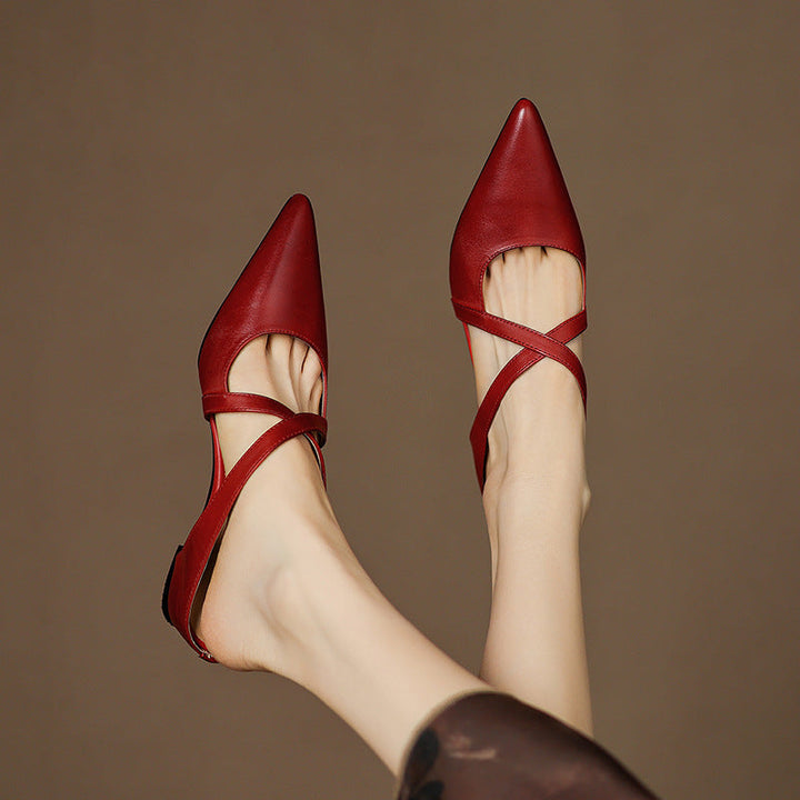 Ingrid mules, close-up of cross-strap detail