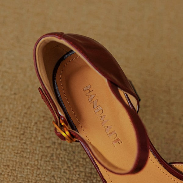 Square-toe leather d'Orsay heels, top view of Bordeaux Rouge pair