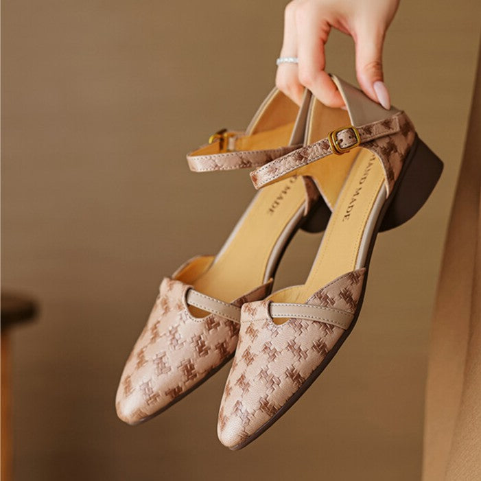 Chalk Ivory woven leather Mary-Jane, side view of low heel