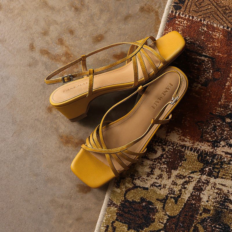 Strappy square-toe leather sandal heels, top view of Honey Ochre pair