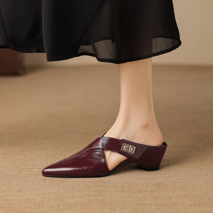 Iris pointed leather heeled mule, three-quarter view
