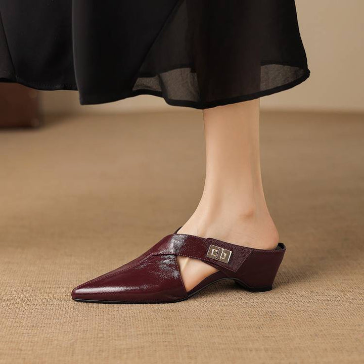 Iris pointed leather heeled mule, three-quarter view
