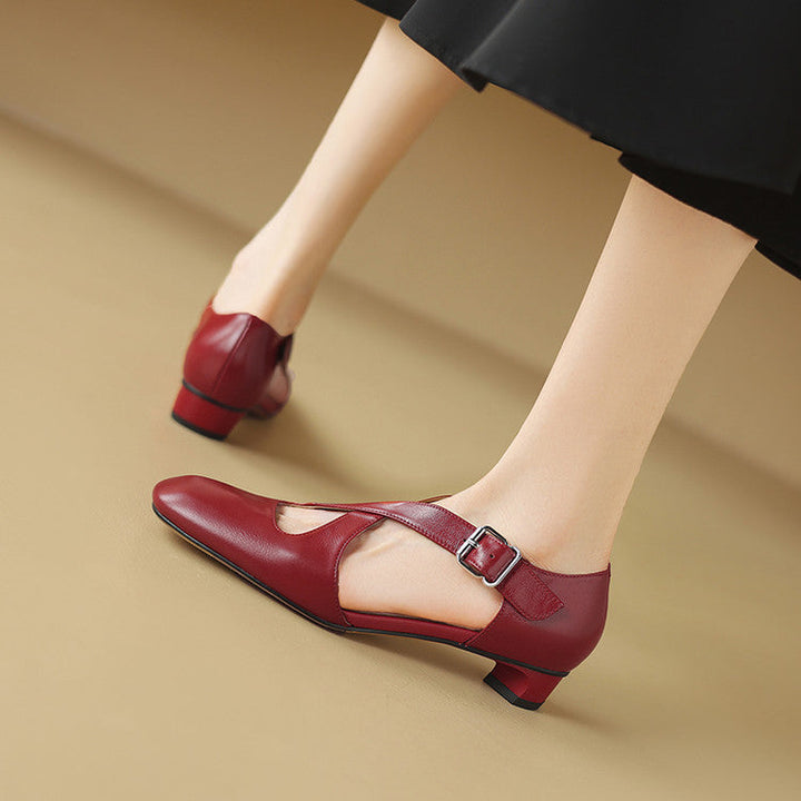 Wine Rouge leather d'Orsay heel with cross-strap, three-quarter view