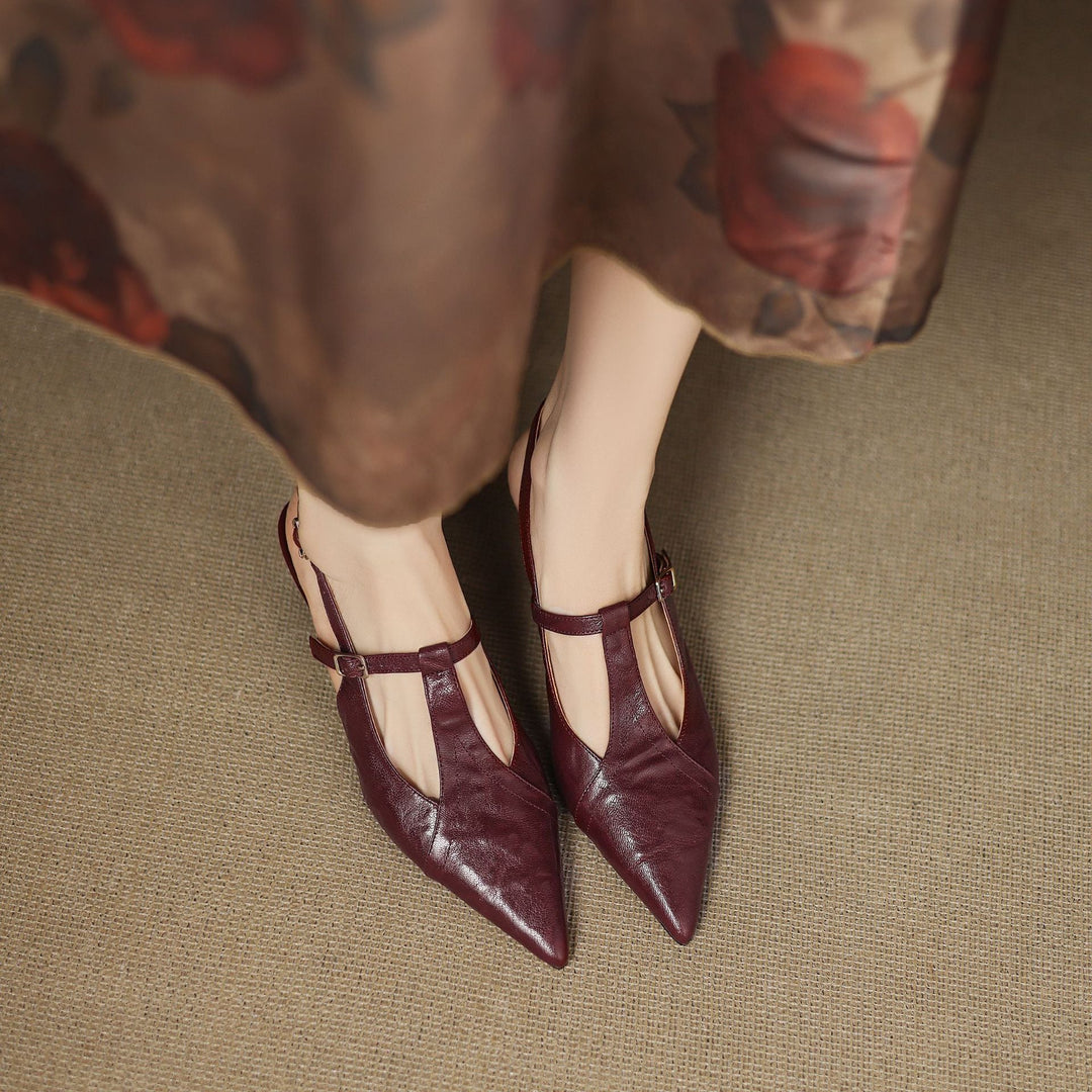 Estelle T-bar slingback heels, front view in Bordeaux Wine