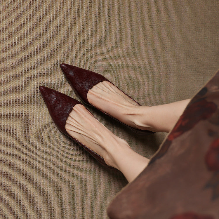 Top-down view of a pointed-toe leather low pump