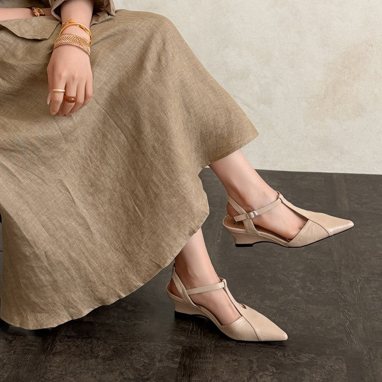 Phoebe | Pointed Leather T-Bar Wedge Heels