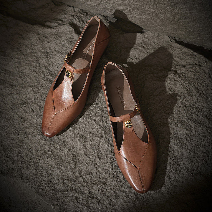 T-strap leather block pumps, top view of Chestnut Brown pair